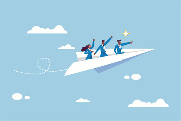 Team winning business achievement, teamwork working together, company direction, leadership strategy, motivation, aspirations concept, manager lead business people employee on paper airplane origami.