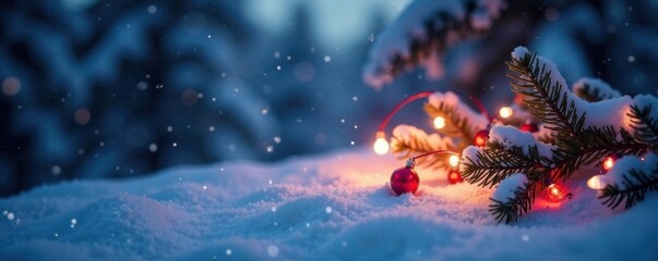 Icy Christmas lights twinkle against a snowy backdrop, snowy landscape, red