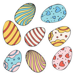 spring easter traditional painted dyeing chicken eggs, vector color isolated design element, hand drawn doodle element, for kids