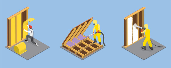 3D Isometric Flat Vector Illustration of Spray Foam Insulation, Construction Service, House Renovation © TarikVision