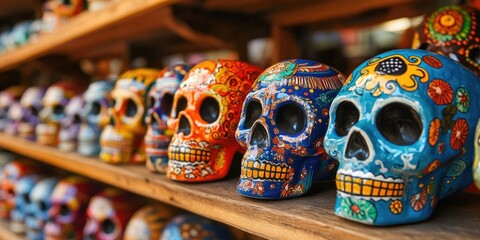 Colorful Skulls on Shelf