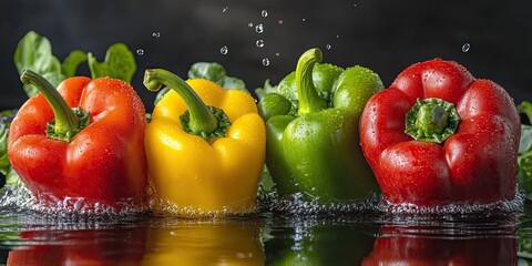four colorful peppers falling into water on black background