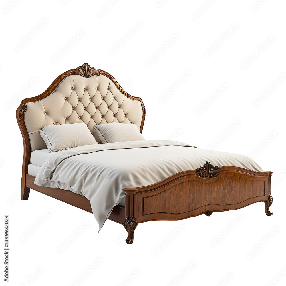 Poster a wooden bed frame with neatly arranged gray sheets, creating a cozy and inviting sleeping space.