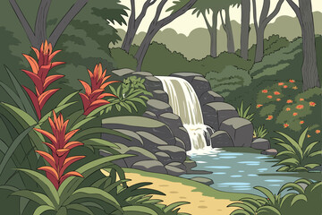 70 Tropical paradise, lush waterfall, vibrant flowers, exotic foliage, colorful bromeliads, cascading water, rocky stream, jungle atmosphere, dappled sunlight, reflective pool, dense vegetation, natur