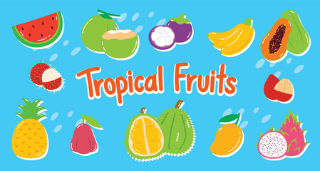 cute fun hand drawn flat style tropical fruit graphic element vector set