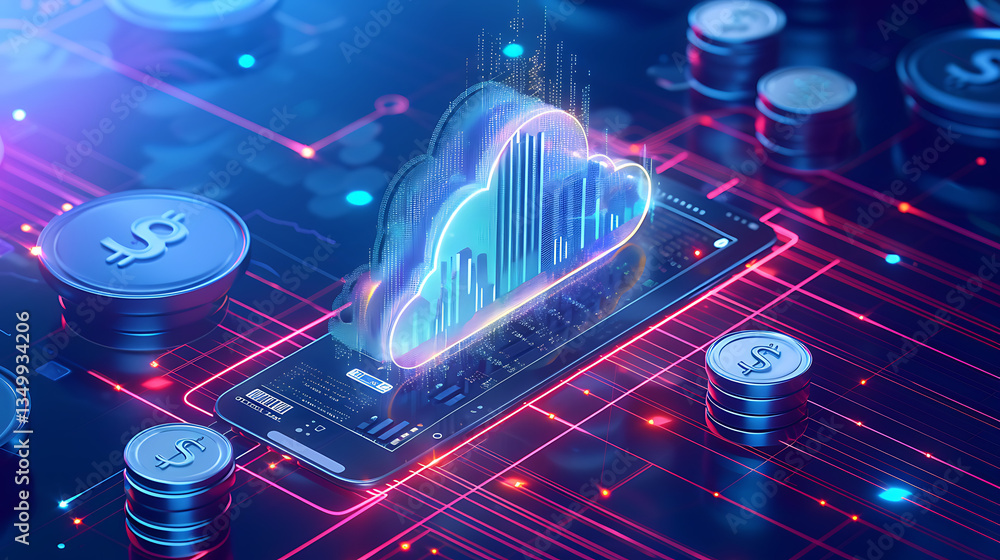 Aufkleber smartphone displaying glowing cloud icon with cityscape inside, surrounded by digital circuits and c