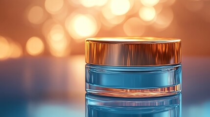 Luxury cosmetic jar reflecting on blue surface with bokeh background
