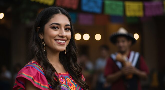 Smiling latina woman in traditional colorful mexican dress with embroidered details at cultural celebration. Festive atmosphere with papel picado decorations and string lights in background.