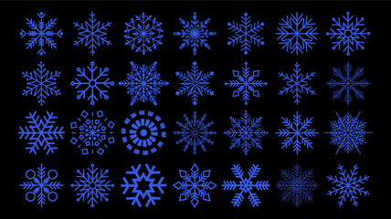 Collection of geometric snowflakes. Flat elements of different snowflake shapes. Set of snowflakes for holiday banner, postcard or decoration. New Year vector ornament.