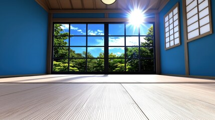 Fototapeta premium Sunlight Streaming Into Minimalist Japanese Room with Blue Walls and Shoji Screens on a Light Wood Floor and Eager Faces