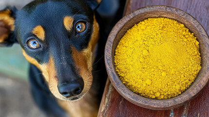 Dog with a bowl of mustard in a cozy kitchen, exploring unique food choices and nutritional options for dogs.