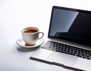 Laptop and coffee cup for online learning, white background