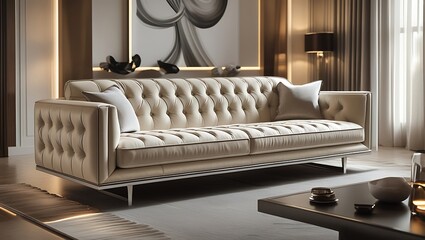 Luxurious cream leather sofa, elegantly tufted and detailed with a sleek silver base, rests in a modern, softly lit living room.