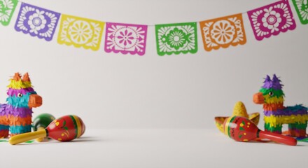 Obraz premium Colorful mexican party decorations with pinata donkeys, maracas, sombrero and papel picado bunting on white background. Cinco de Mayo celebration setup with copy space.