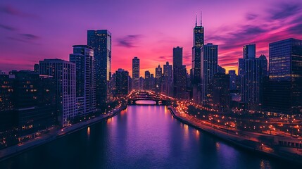 Obraz premium City skyline at twilight, illuminated buildings reflecting on a calm river