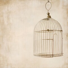 Hanging birdcage display indoor space photography vintage aesthetic close-up view freedom concept