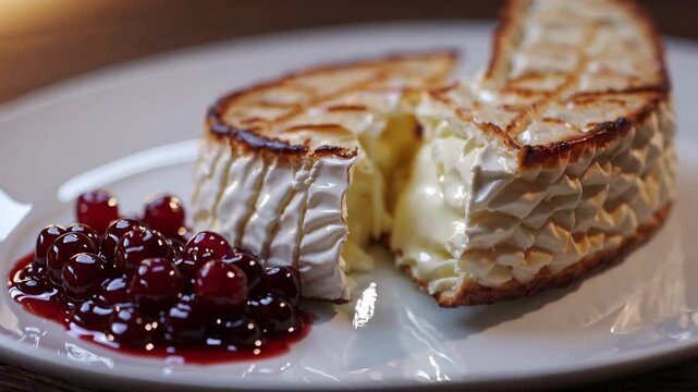 Crispy cheese pastry with sweet cranberry sauce, golden brown phyllo dough dessert with creamy filling next to vibrant red berry compote