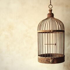 Captivating vintage birdcage display rustic interior still life photography warm ambiance close-up perspective