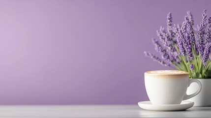 Latte art next to potted lavender against a purple backdrop