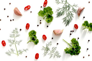 Texture of spices and herbs. Fresh petiole leaves lie on a white background.