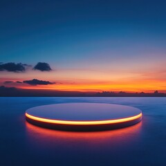 Empty round podium glows orange at sunset