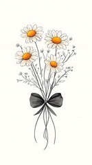 Daisies Bouquet with Black Bow, and White Background.