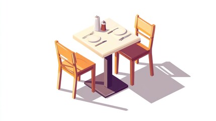 Restaurant table isometric illustration, two chairs, food items