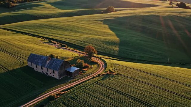 Aerial view of picturesque farmhouse with winding road amid patchwork of green agricultural fields, rural countryside landscape captured at golden hour