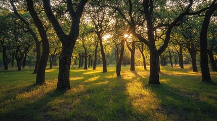 Naklejka premium Sunlit Forest Canopy: A mesmerizing vista of a sun-dappled forest, with towering trees reaching for the sky and casting long shadows over the emerald-green grass.
