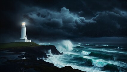 stormy lighthouse on a rocky coast with rough waves and dark clouded sky 