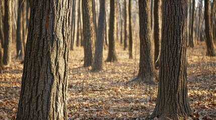 Obraz premium Sunlit Forest: A serene view of a forest, where sunlight filters through the tall, slender trees, casting long shadows over the forest floor, covered in a carpet of fallen leaves.