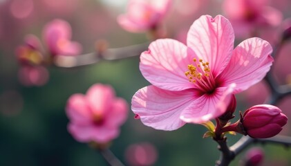 Vibrant sakura, full bloom, overlapping petals, lush foliage , textile, petals, design
