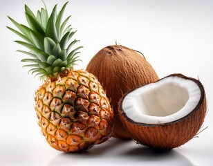 Tropical fruits (pineapple, coconut), white background