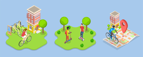 3D Isometric Flat Vector Illustration of Urban Transportation, Eco Friendly Transport