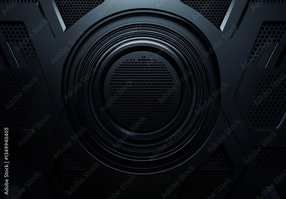 Poster a dark abstract metallic structure with circular patterns and hexagonal mesh details visible in the 
