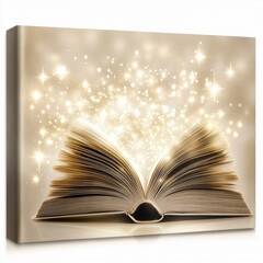Magical open book surrounded by sparkling light reading space digital art enchanted environment close-up view imagination concept