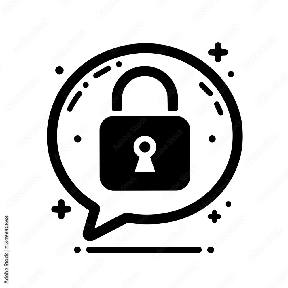 Poster lock and speech bubble illustration representing security and privacy on a white background