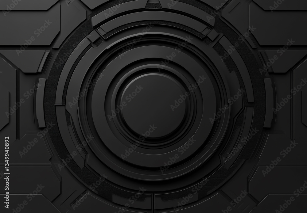 Poster a close up of a dark matte black abstract design with concentric circles and geometric shapes around