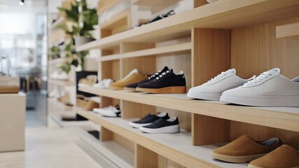 A contemporary shoe store featuring a range of stylish footwear displayed on wooden shelves