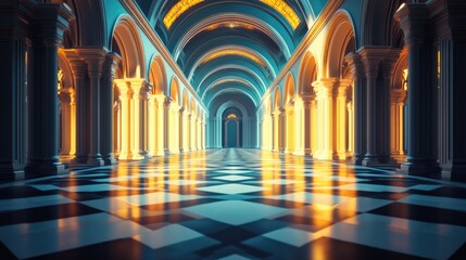 Obraz premium Hallway with Columns and Checkered Floor