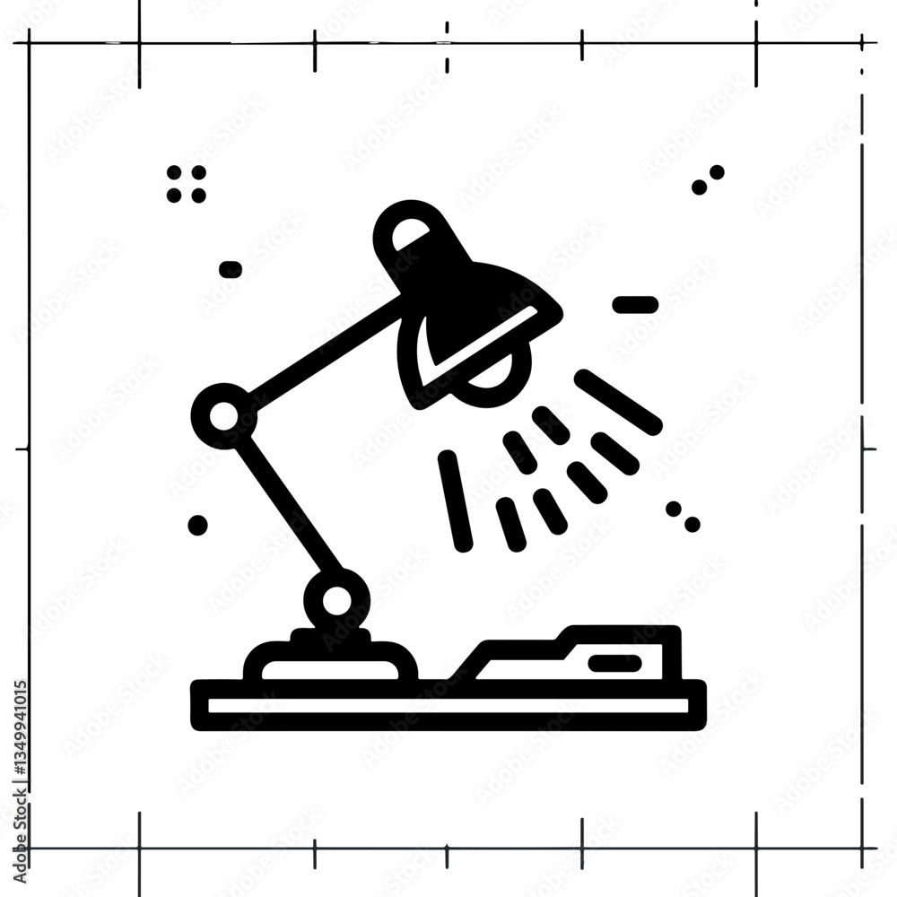 Poster desk lamp shining on a document representing work and productivity in a black and white design