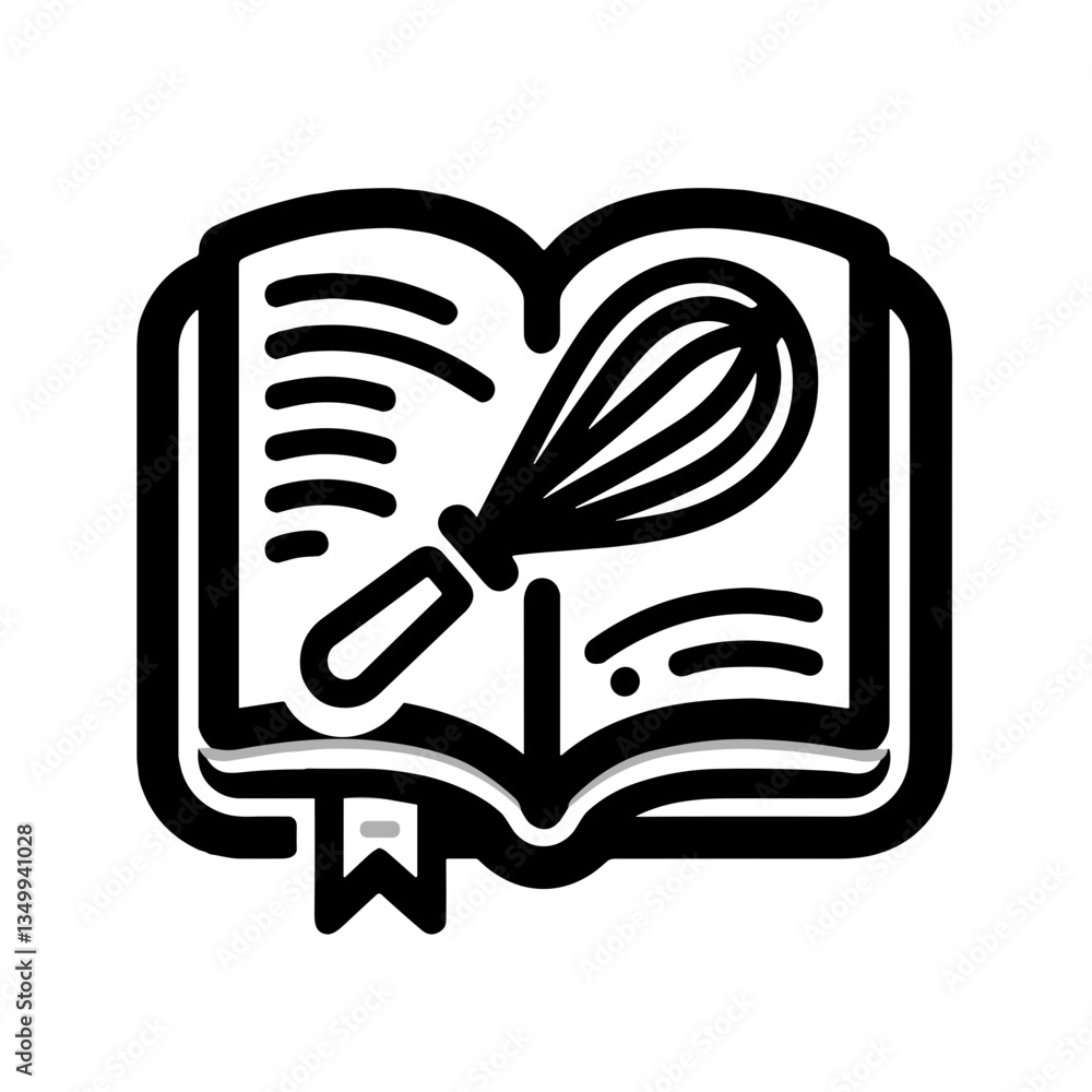 Poster open cookbook with a whisk representing culinary skills and creativity in a black and white design