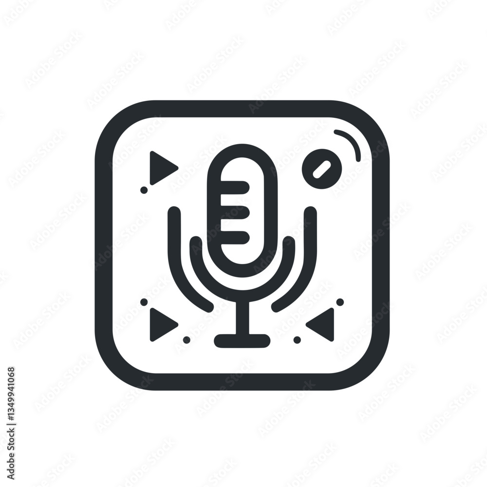 Poster microphone with playback icons representing audio recording and media production in a black and whit