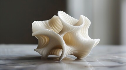 Close-up of a complex, abstract white sculpture with flowing organic curves and layered texture, possibly 3D printed. Represents modern design or technology.

