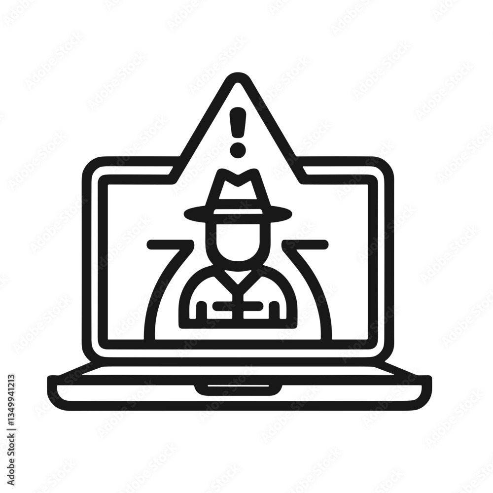 Poster hacker warning symbol on a laptop screen representing cybersecurity threats in a black and white des