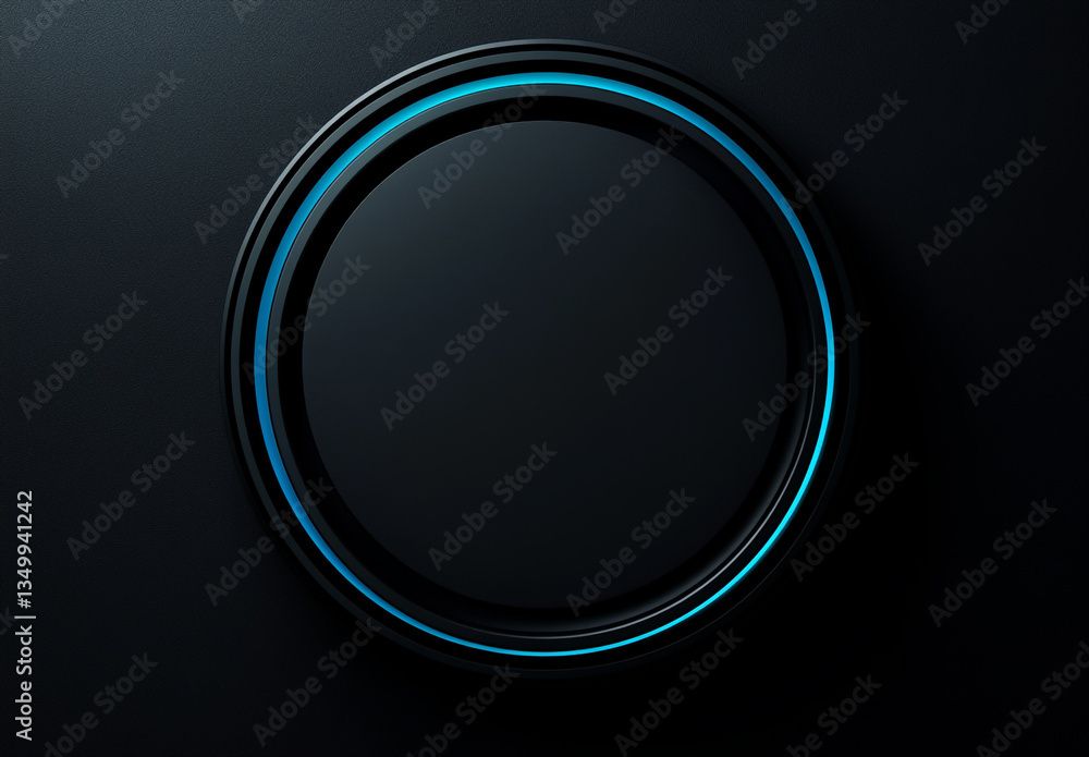 Aufkleber a black circular button with a blue glowing ring on a dark textured surface in a studio setting