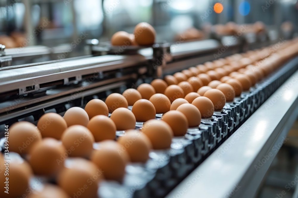 Poster eggs moving on conveyor belt in automated food processing facility