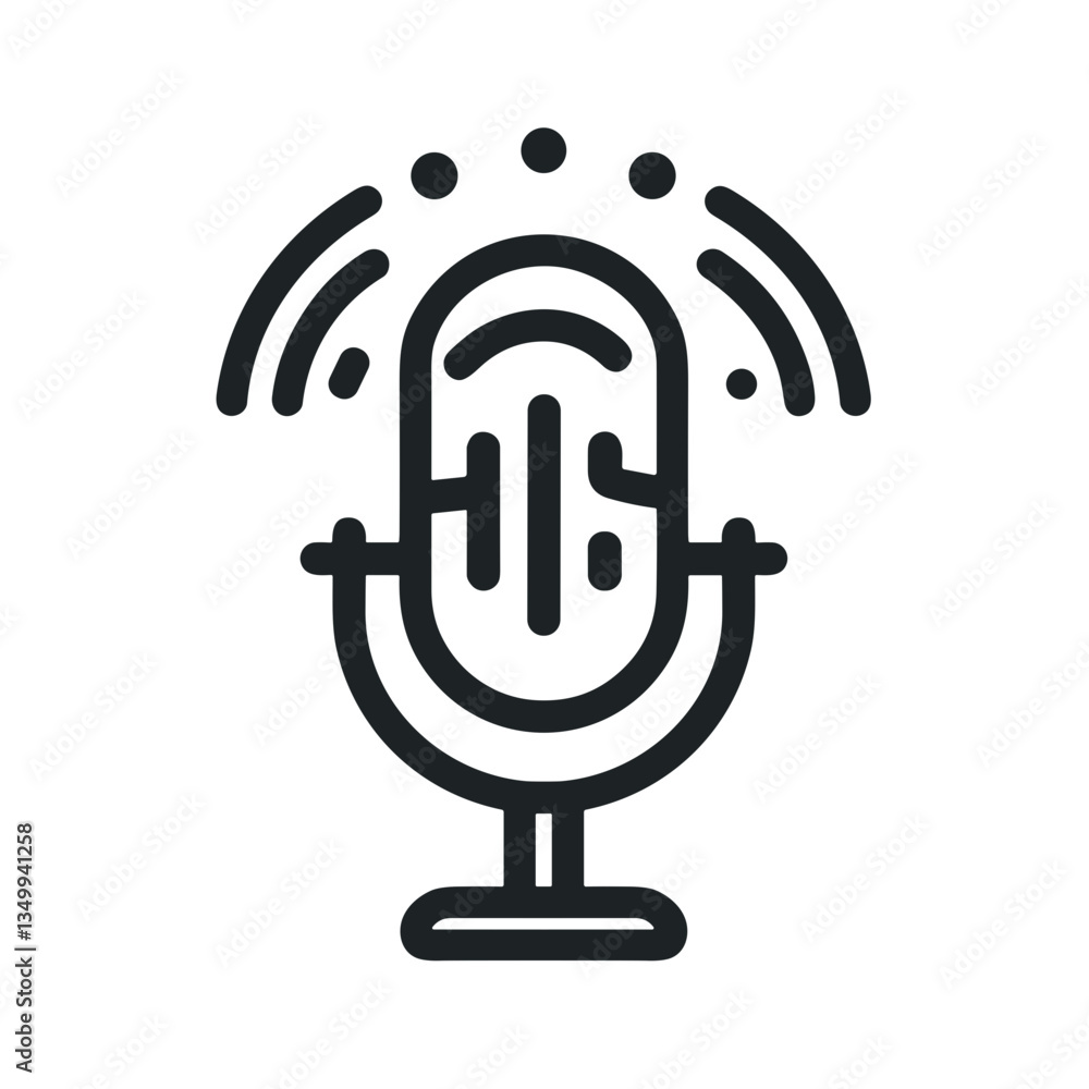 Poster microphone with sound waves representing audio communication and creativity in a black and white des