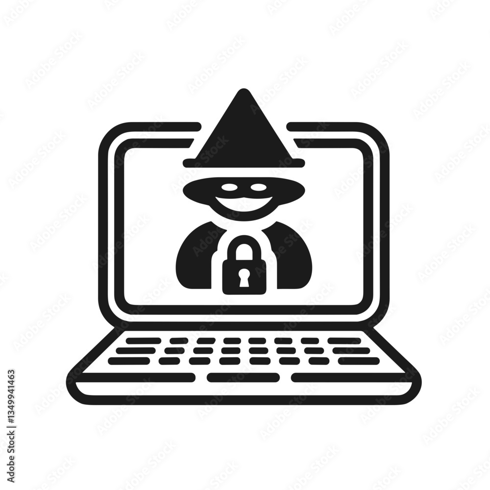 Poster hacker behind a laptop screen with a padlock representing cybersecurity threats in a black and white