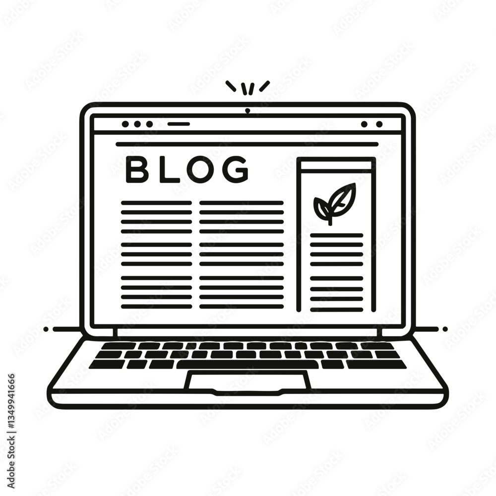 Poster laptop displaying a blog interface with a leaf symbolizing content creation and environmental themes